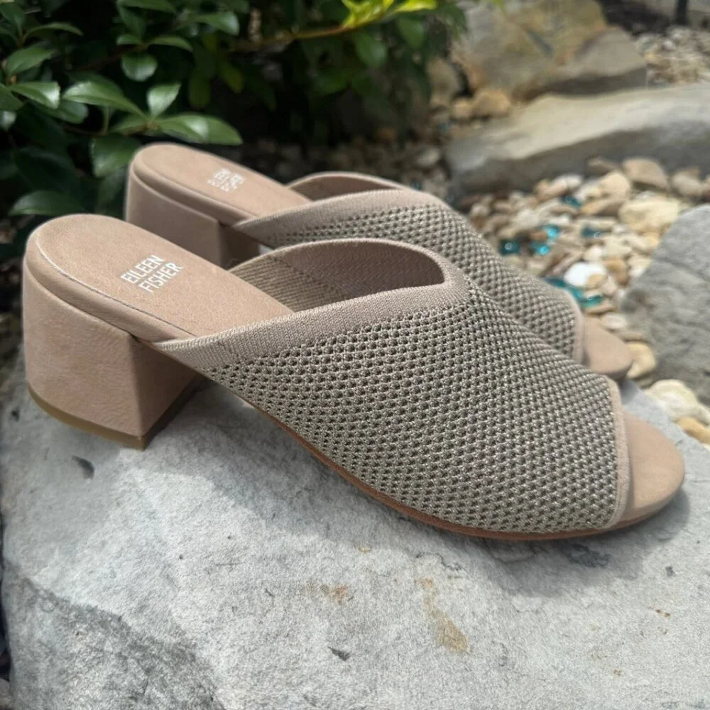 Eileen Fisher Fave Block Heel Knit Upper Slip On Sandals Women's Size 9.5